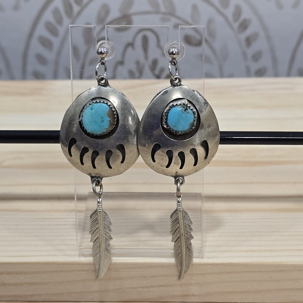 Silver Turquoise Bear Paw Feather Dangle Earrings Native American Tribal